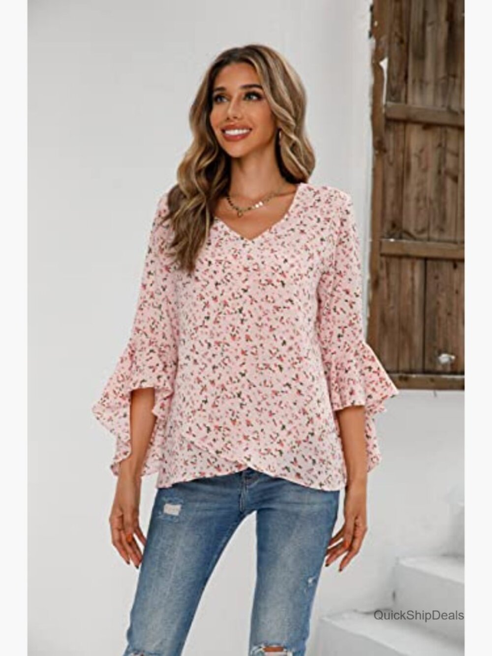 Floral V-Neck Bell Sleeve Blouse Dressy Casual T-Shirt - Picture 3 of 7